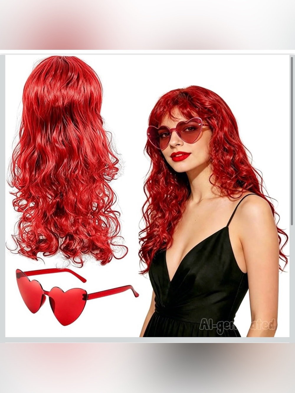 Red Long Curly Wig with Bangs and Sunglass for Women Cosplay Costume Halloween